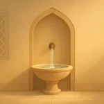 Serene illustration of Wudu ablution with flowing water fountain, peaceful and spiritual ambiance, symbolizing purity and devotion in Islam