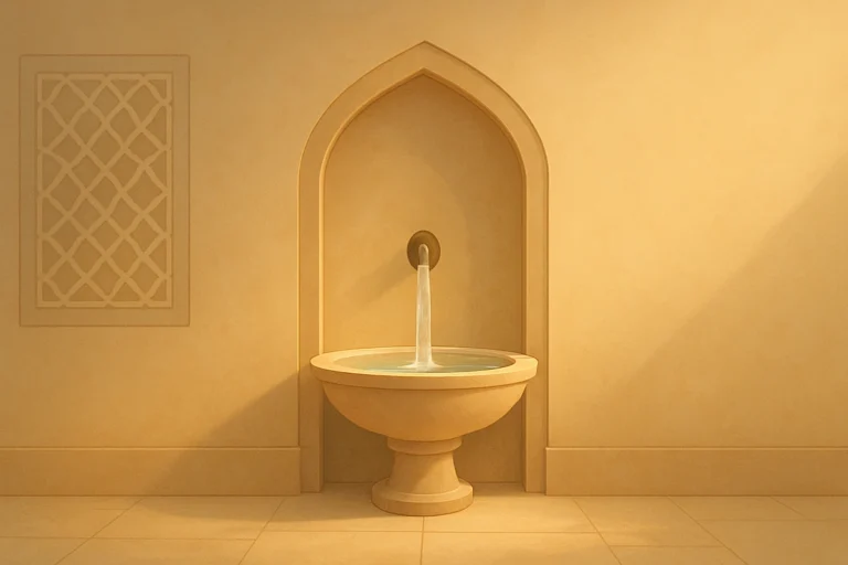 Serene illustration of Wudu ablution with flowing water fountain, peaceful and spiritual ambiance, symbolizing purity and devotion in Islam