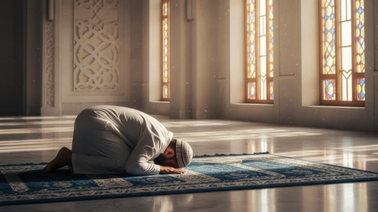 Muslim man praying in mosque with focus and humility