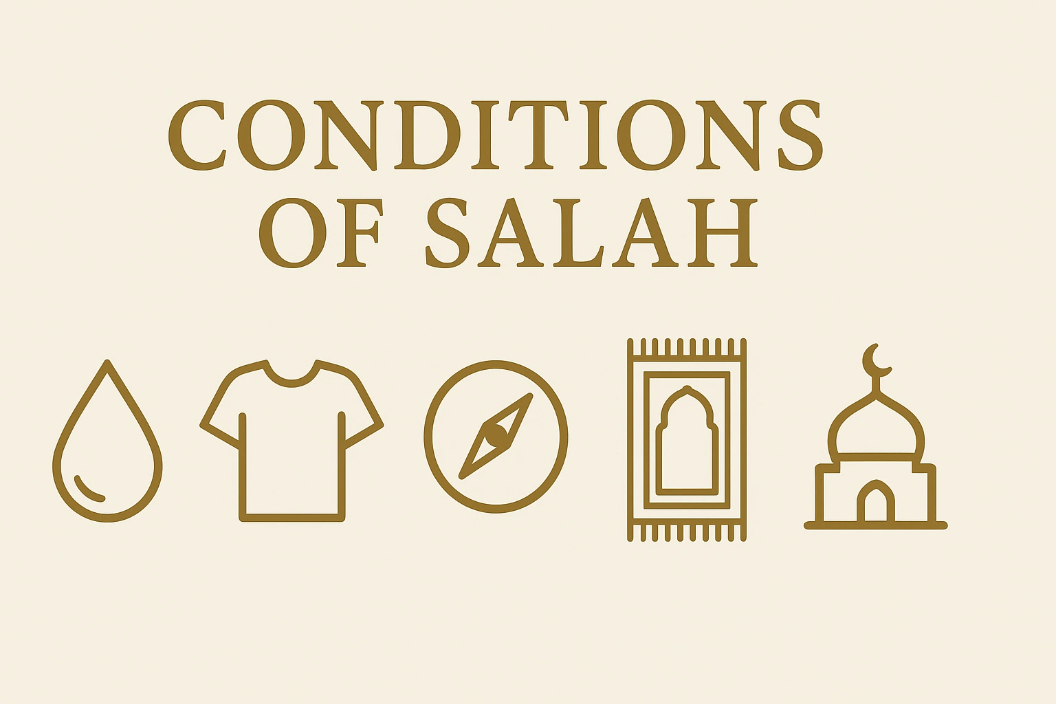 Conditions of Salah – wudu, clean clothes, qiblah direction, and prayer mat.