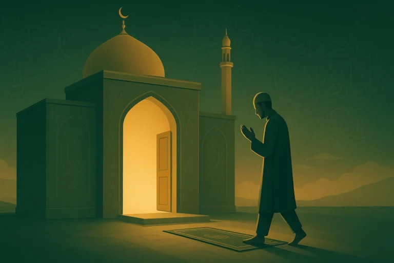 Illustration showing dua for entering and leaving the mosque (masjid) - symbolizing mercy and blessings