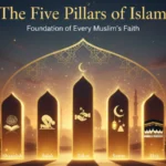 Illustration of the Five Pillars of Islam — Shahadah, Salah, Zakat, Sawm, and Hajj — symbolized within golden arch shapes at sunset, representing the foundation of every Muslim’s faith.