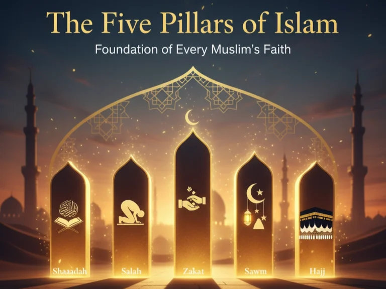 Illustration of the Five Pillars of Islam — Shahadah, Salah, Zakat, Sawm, and Hajj — symbolized within golden arch shapes at sunset, representing the foundation of every Muslim’s faith.