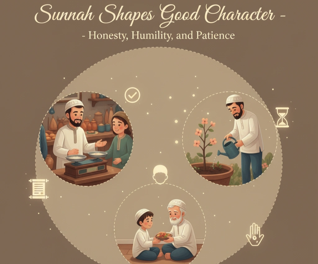 An illustration symbolizing the virtues of Honesty, Humility, and Patience as guided by the Sunnah, featuring elements of balance, contemplation, and inner peace.