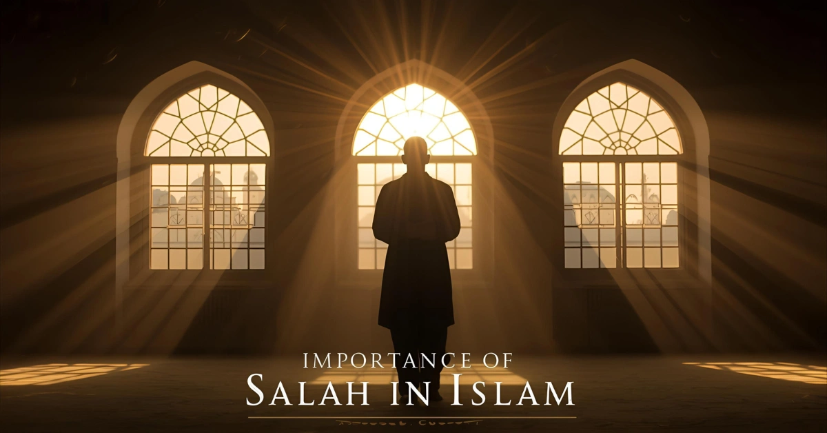 Importance of Salah in Islam – Muslim silhouette praying with mosque light.