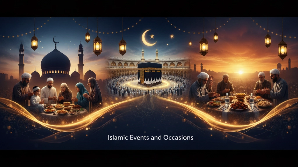 Digital illustration featuring scenes of the Kaaba during Hajj or Umrah and Muslim families celebrating Eid or breaking fast, representing the concept of Islamic events and occasions.