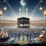 Digital illustration featuring the Kaaba surrounded by pilgrims and scenes of Muslims breaking fast, representing the broader concept of Islamic events and occasions.