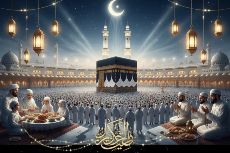 Digital illustration featuring the Kaaba surrounded by pilgrims and scenes of Muslims breaking fast, representing the broader concept of Islamic events and occasions.