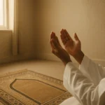 Peaceful Islamic prayer scene showing a person making dua on a prayer mat, warm sunlight, and spiritual atmosphere representing khushu in salah.