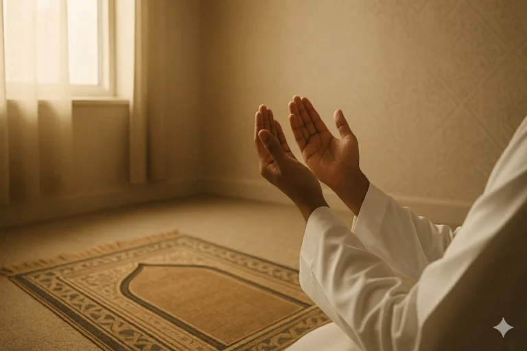 Peaceful Islamic prayer scene showing a person making dua on a prayer mat, warm sunlight, and spiritual atmosphere representing khushu in salah.