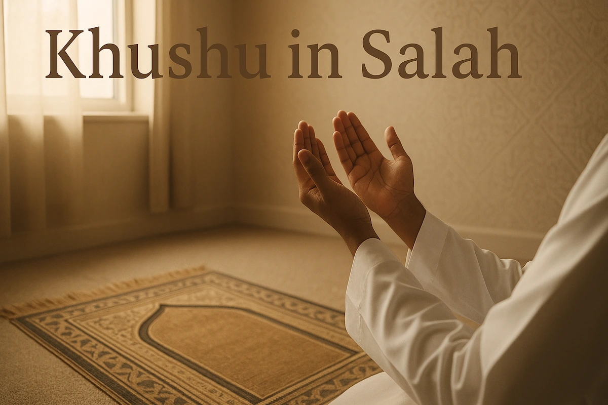 Peaceful Islamic prayer scene showing a person making dua on a prayer mat, warm sunlight, and spiritual atmosphere representing khushu in salah.