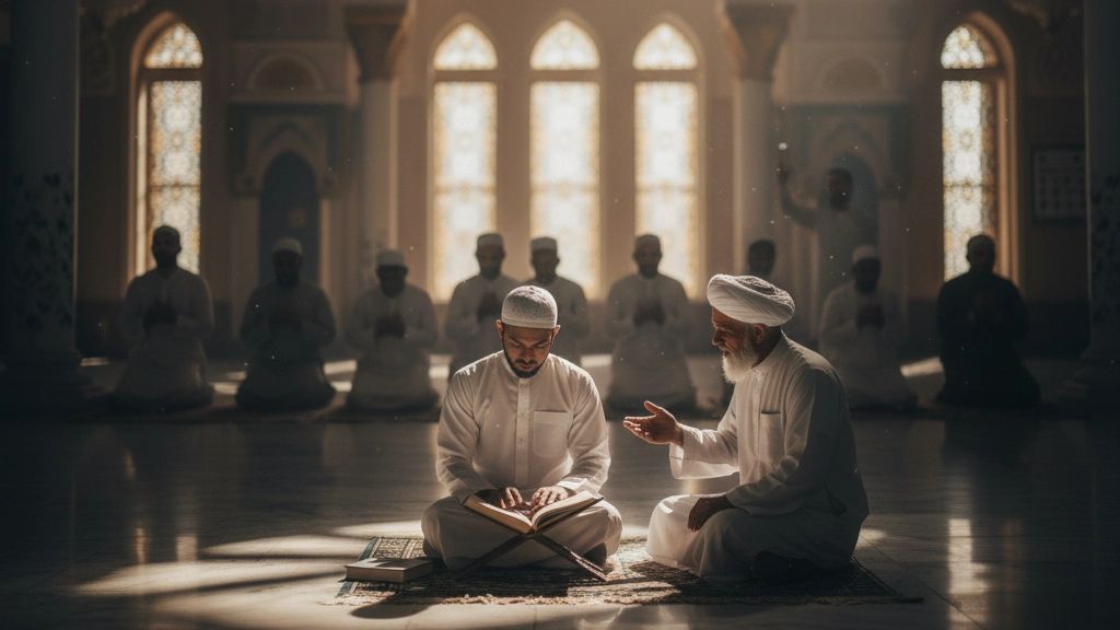 A Muslim man in a white thobe and kufi is seated on a prayer mat, attentively reading from a book on a wooden stand (rehal). An older Muslim man, wearing a white turban and thobe, sits opposite him, gesturing gently as if explaining something. In the background, other figures are seen in prayer, and sunlight streams through arched mosque windows, creating a serene learning environment.