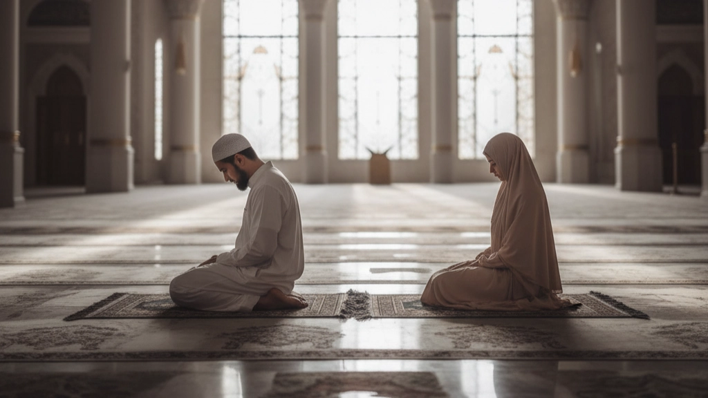 Muslim man and woman praying separately in mosque