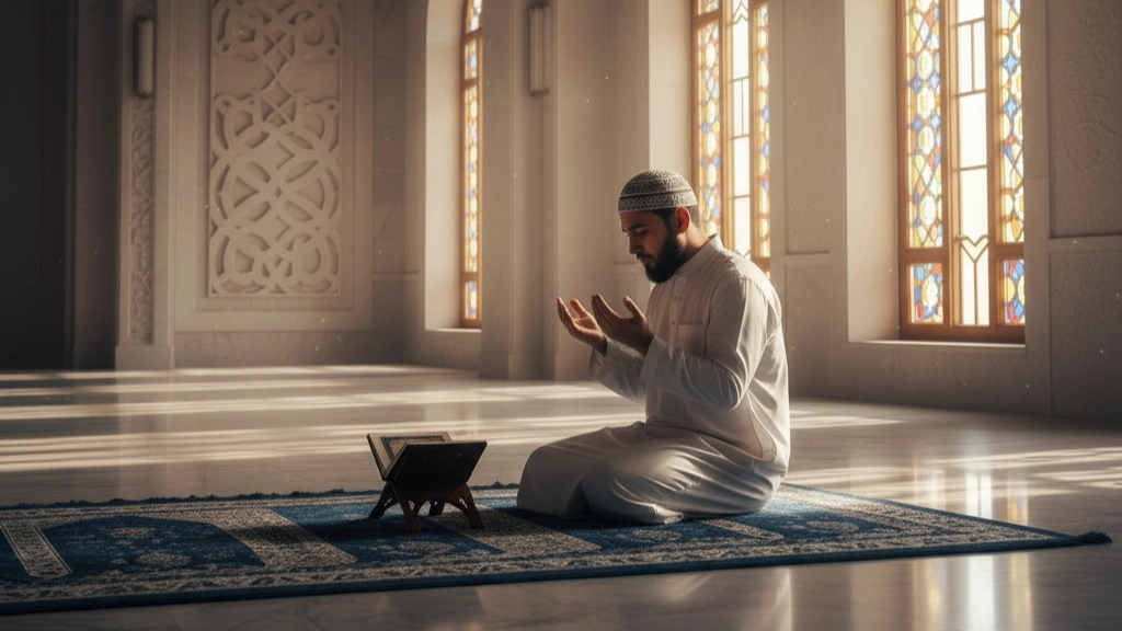 A Muslim man sitting on a prayer mat in a mosque with his hands raised in supplication, a small wooden stand (rehal) with a book on it is in front of him. Soft light illuminates the serene mosque interior, suggesting a moment of remembrance or prayer after Salah.