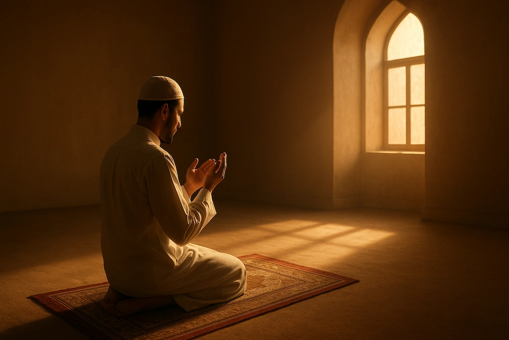 A Muslim man sitting on a prayer mat in a mosque, raising his hands in dua under soft warm sunlight through an arched window.