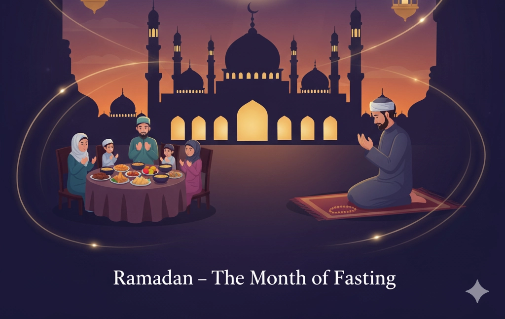A tranquil scene depicting Muslim families having Iftar (the evening meal to break the fast) with traditional lamps and a crescent moon, symbolizing Ramadan, the holy month of fasting.