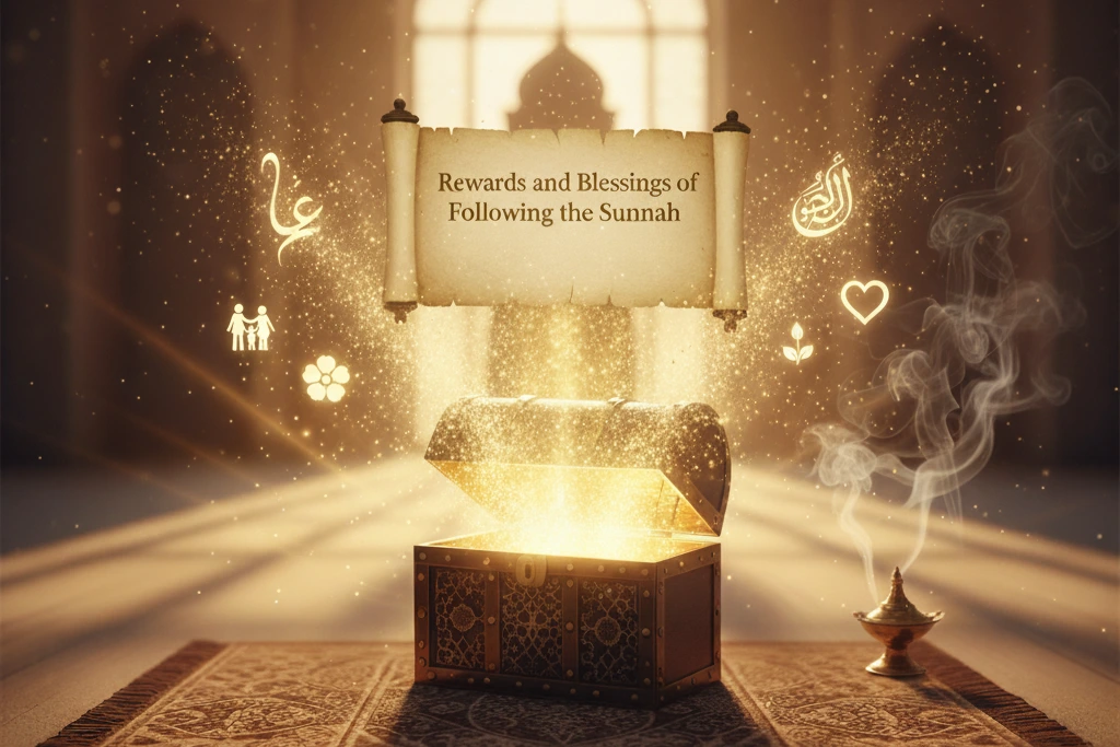 Spiritual illustration of floating golden light and blessings, symbolizing the Rewards and Blessings of Following the Sunnah.