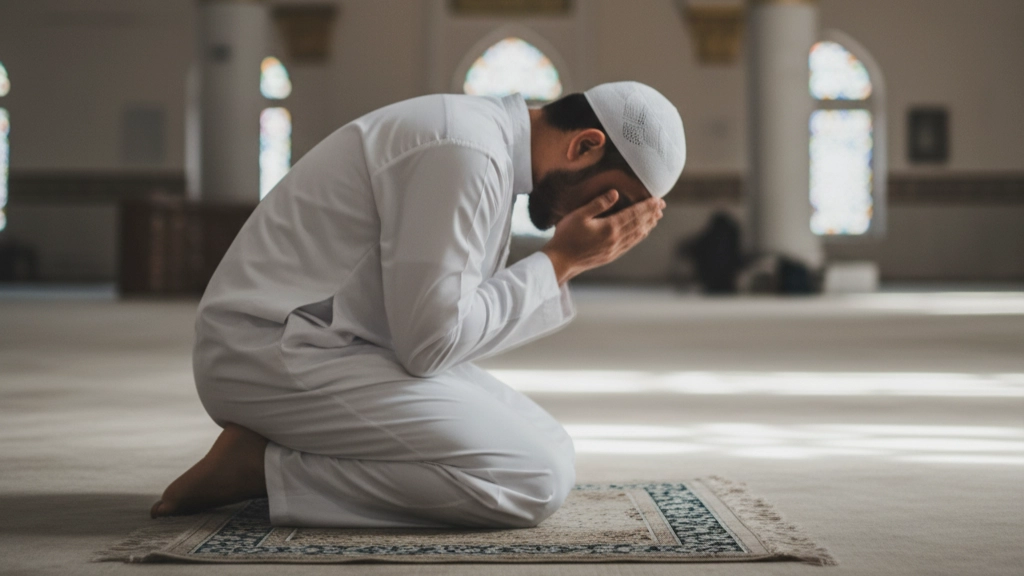 Muslim man praying quickly in mosque