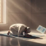 A Muslim man in prayer performing Sajdah (prostration) on a prayer mat in a serene mosque, with light rays highlighting the scene, symbolizing the spiritual act of Sajdah-e-Sahw for forgetfulness in prayer.