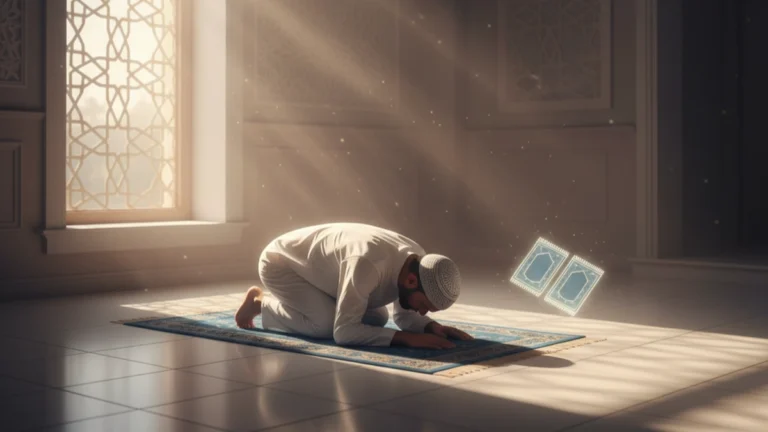 A Muslim man in prayer performing Sajdah (prostration) on a prayer mat in a serene mosque, with light rays highlighting the scene, symbolizing the spiritual act of Sajdah-e-Sahw for forgetfulness in prayer.