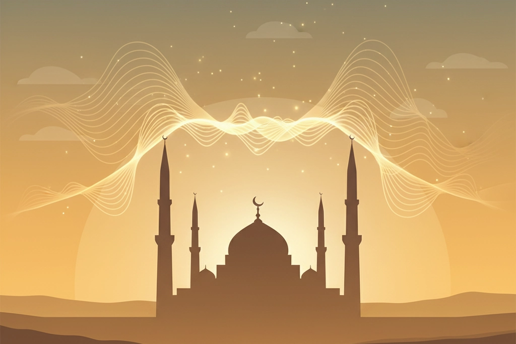 Illustration of a mosque silhouette at sunset with light waves symbolizing Adhan, representing the spiritual significance of Adhan Dua