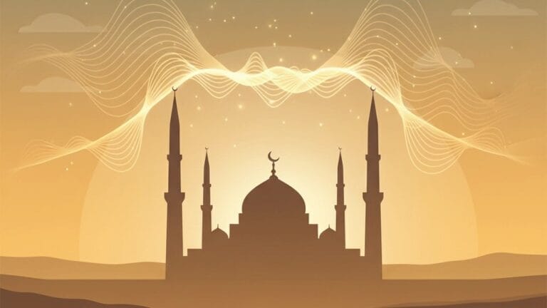 Illustration of a mosque silhouette at sunset with light waves symbolizing Adhan, representing the spiritual significance of Adhan Dua