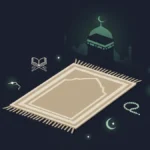 Minimalist illustration of a prayer mat facing the Qiblah with symbolic Islamic icons on a dark background, representing the step-by-step guide to Salah.