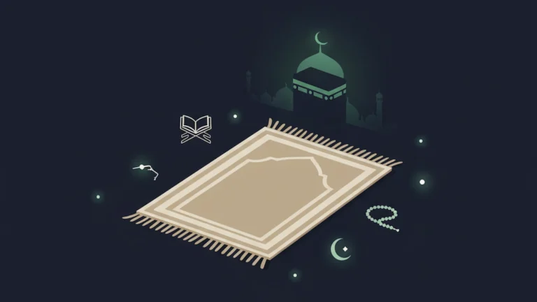 Minimalist illustration of a prayer mat facing the Qiblah with symbolic Islamic icons on a dark background, representing the step-by-step guide to Salah.