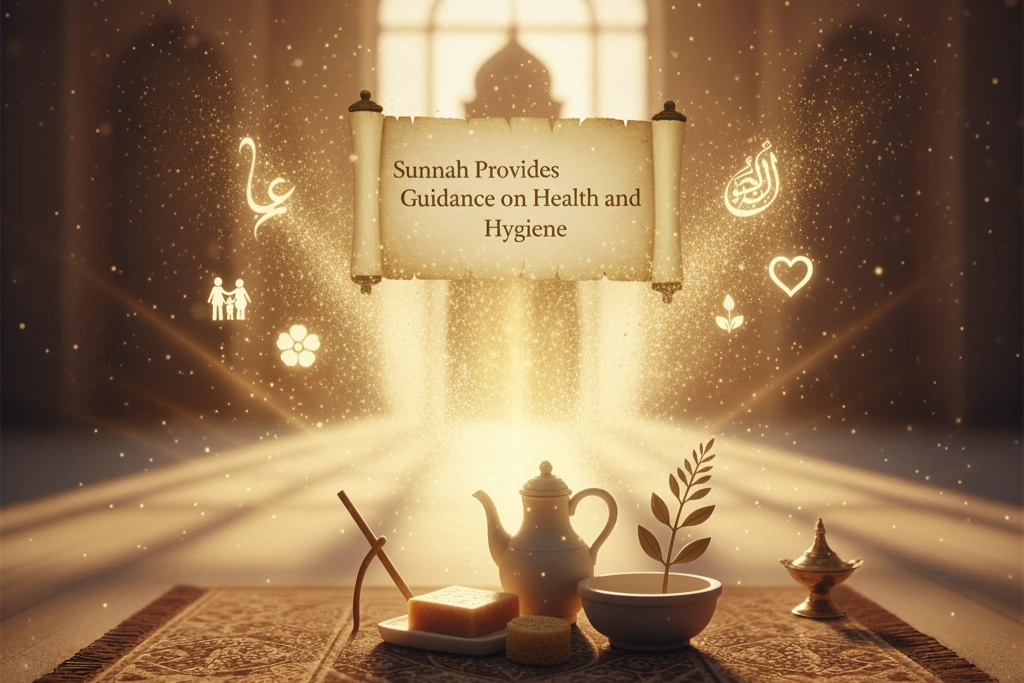 Spiritual illustration of items related to health and hygiene, symbolizing "Sunnah Provides Guidance on Health and Hygiene" with glowing light and blessings.