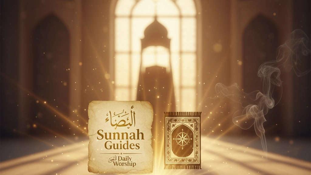 Spiritual illustration: Text "Sunnah Guides Daily Worship" floating above a prayer mat and a glowing book (not the Quran), set inside a mosque with a bright window.