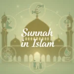 Illustration representing Sunnah in Islam with mosque, icons of worship, character, hygiene, and family.