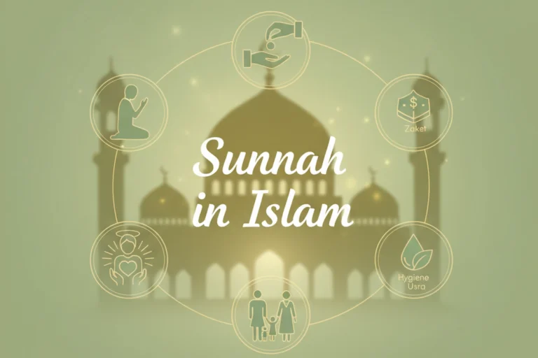 Illustration representing Sunnah in Islam with mosque, icons of worship, character, hygiene, and family.