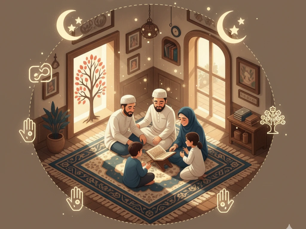 An illustration depicting a Muslim family sitting together, studying, encircled by symbolic elements of peace and community, representing "Sunnah in Social and Family Life."
