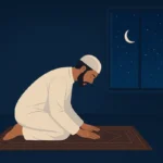 Muslim man praying Tahajjud at night on prayer mat with moonlight through window