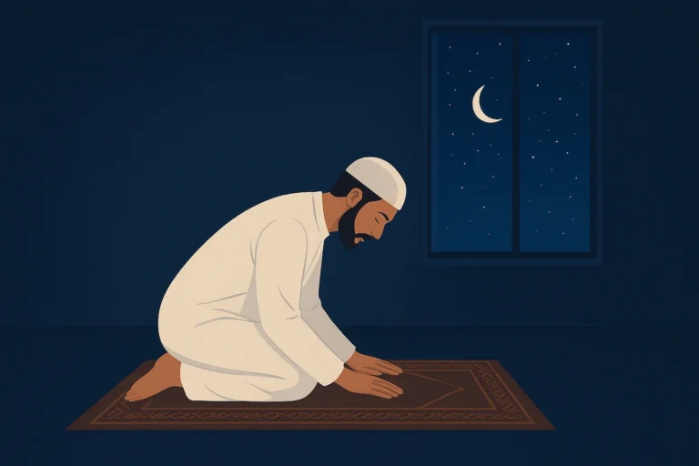 Muslim man praying Tahajjud at night on prayer mat with moonlight through window