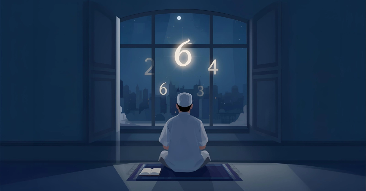 A Muslim man praying Tahajjud at night with 2, 4, 6, and 8 rakats symbolically shown in soft light.