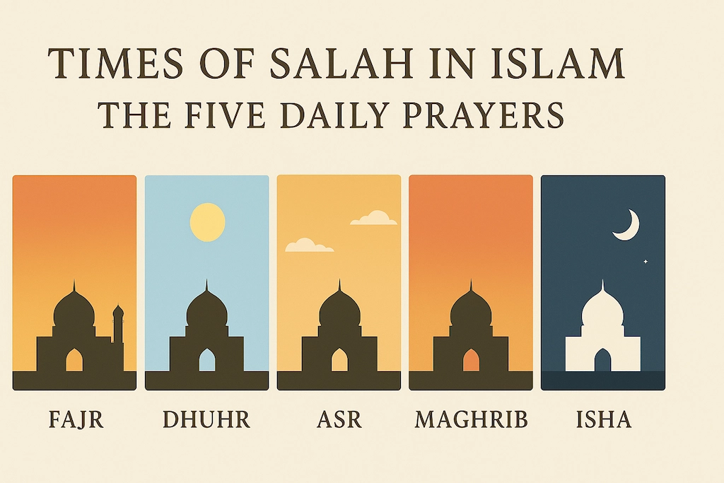 Times of Salah in Islam – Fajr, Dhuhr, Asr, Maghrib, and Isha prayer times illustrated with Islamic design.