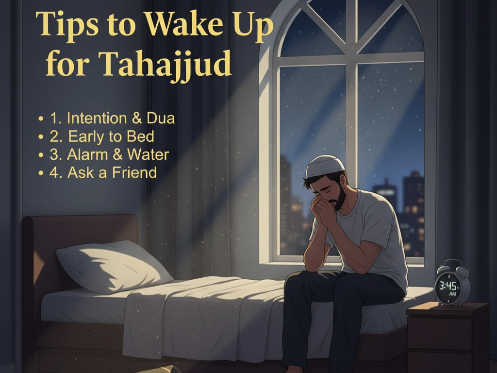 Illustration of a Muslim waking up early for Tahajjud prayer with an alarm clock and soft moonlight, text “Tips to Wake Up for Tahajjud” written elegantly.
