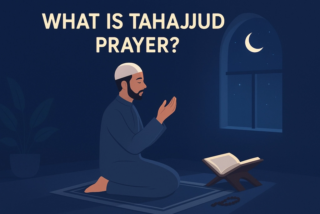 Muslim man performing Tahajjud prayer at night with crescent moon visible through window