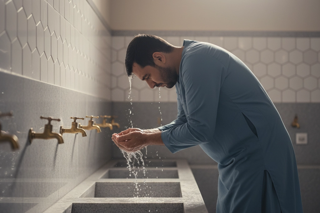 Muslim man performing wudu before prayer